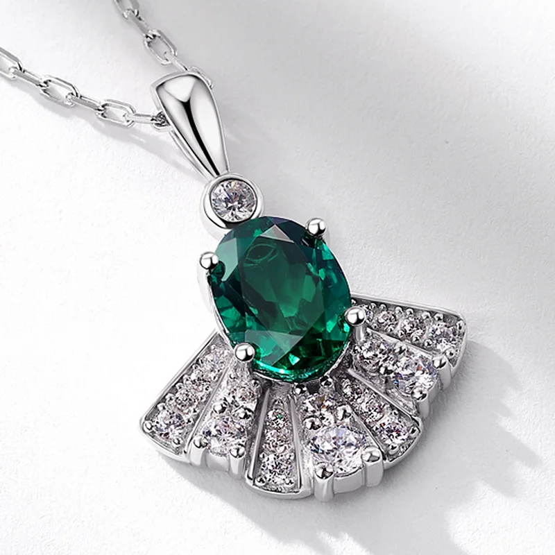 Fine Jewelry Elegant Lab Emerald Necklace Fan Shaped Pendant 925 Silver Birthstone Gift for Women