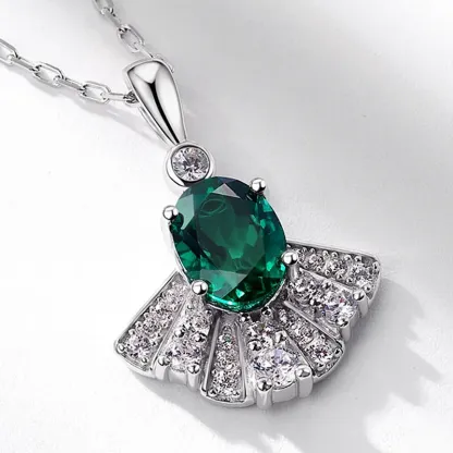 Fine Jewelry Elegant Lab Emerald Necklace Fan Shaped Pendant 925 Silver Birthstone Gift for Women