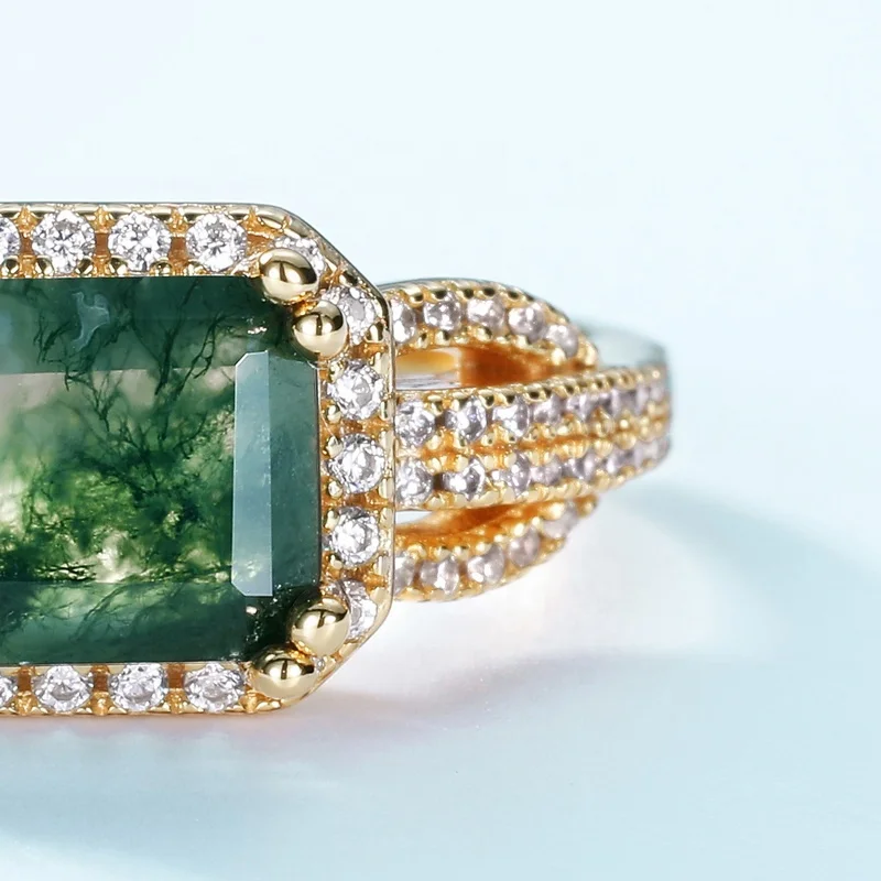 JewelyKing S925 Sterling Sliver Natural Gemstone Ring Moss Agate Green Stone Ring JKRS0244