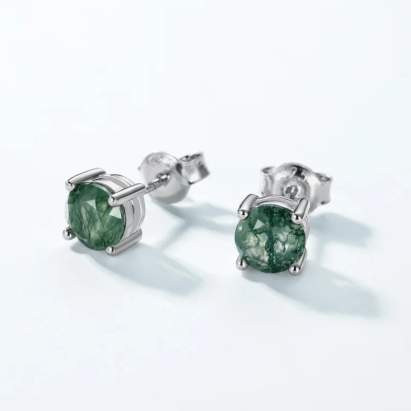 Jewelyking S925 Sterling Silver Round Natural Moss Agate Stud Earring JKES0101