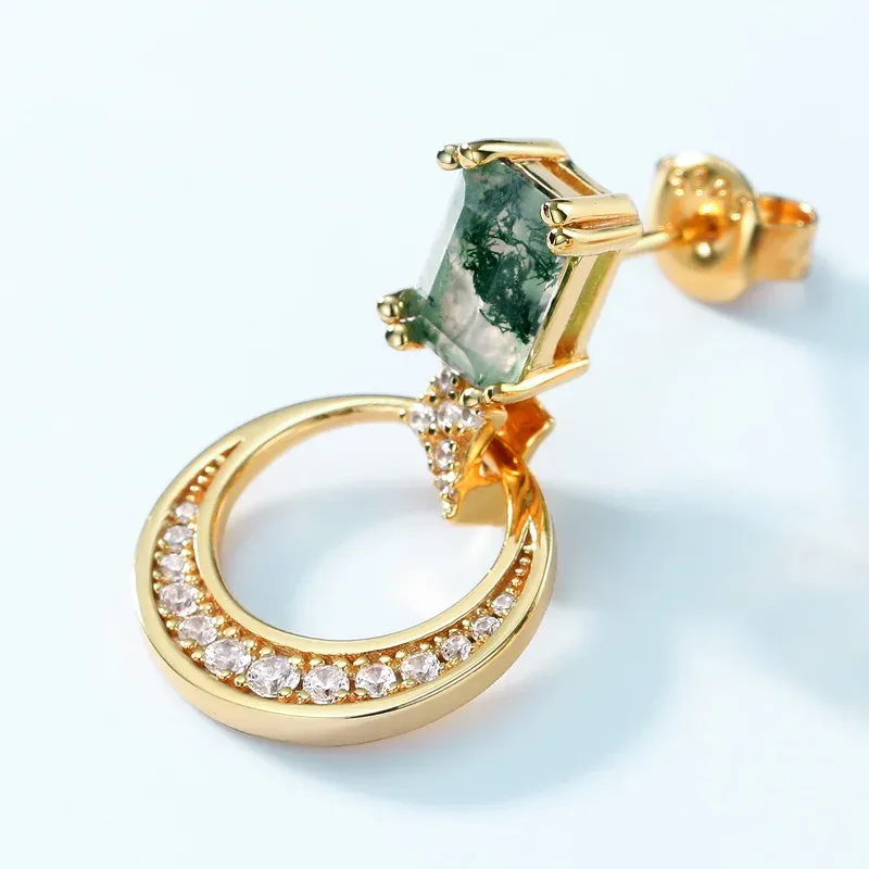 Jewelyking S925 Sterling Silver Gold Plated Natural Green Moss Agate Stud Earrings JKES0067