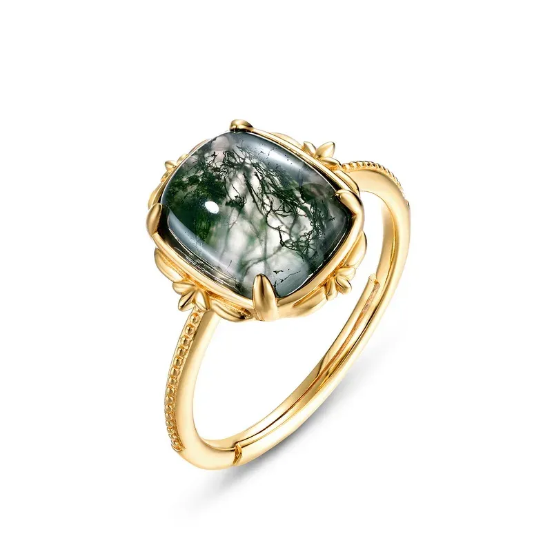 JewelyKing S925 Sterling Silver 14K Gold Plated Gemstone Green Moss Agate Vintage Ring JKRS0180