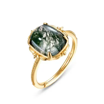 JewelyKing S925 Sterling Silver 14K Gold Plated Gemstone Green Moss Agate Vintage Ring JKRS0180