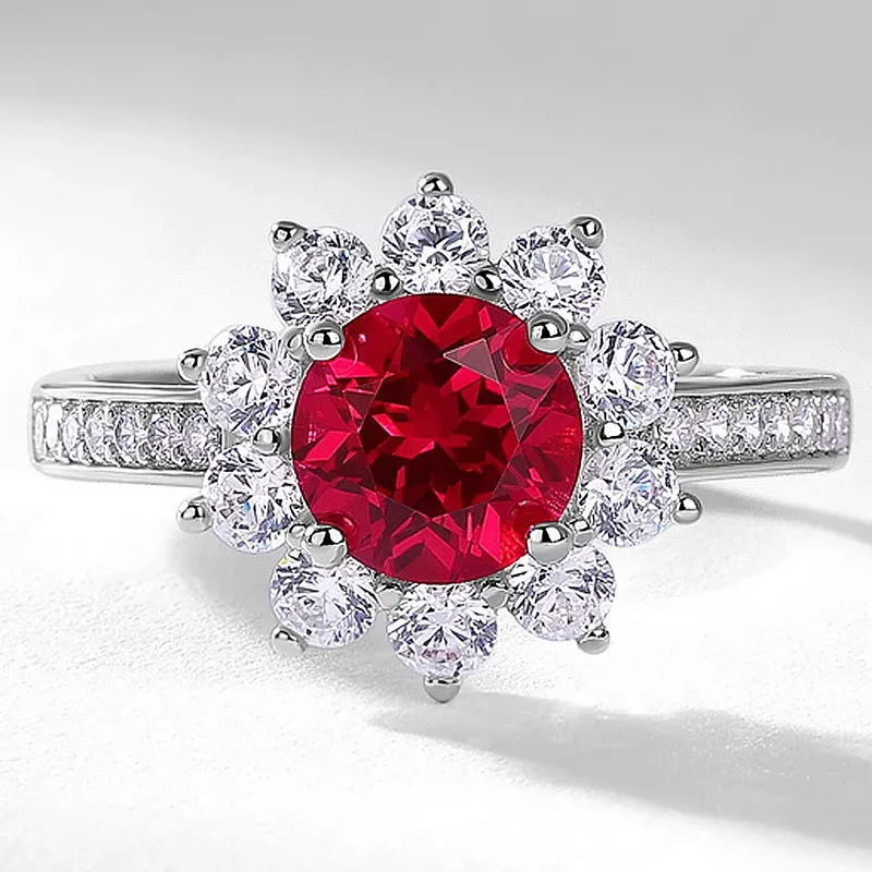 JewelyKing S925 Silver Sunflower Ruby Open Band Lab Grown Colored Gemstones Ring JKRS0257