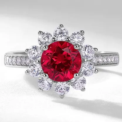 JewelyKing S925 Silver Sunflower Ruby Open Band Lab Grown Colored Gemstones Ring JKRS0257