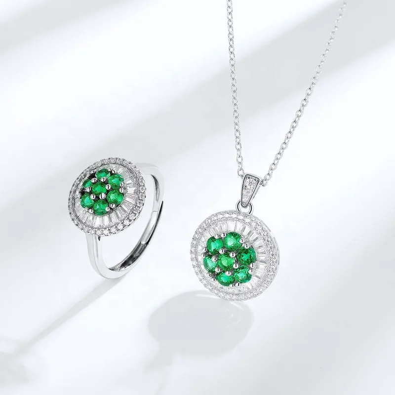 925 Sterling Silver Green Gemstone With 3A Zircon Flower Pendant Bling Shiny Lab Made Emerald Pendant Necklace