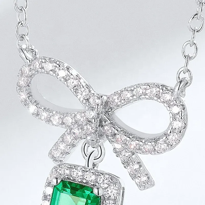 Fine Jewelry 925 Sterling Silver Pendant Necklace with Lab Created Emerald and Bowknot 3A Zircon Green Gemstone for Women Gift