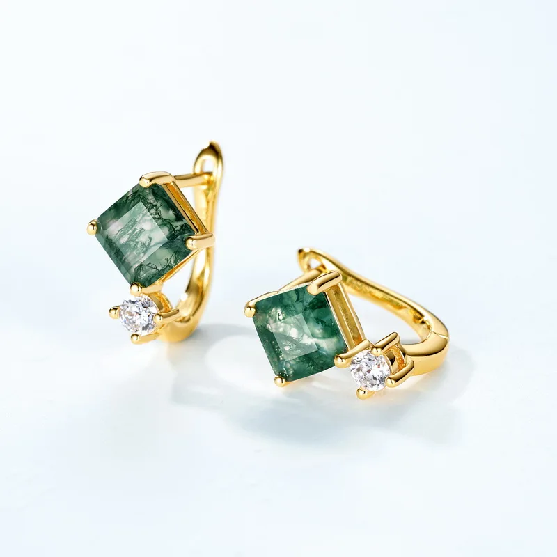Jewelyking S925 Sterling Silver Zircon Vintage Delicate Green Moss Agate Zircon Diamond Stud Earrings JKES0091