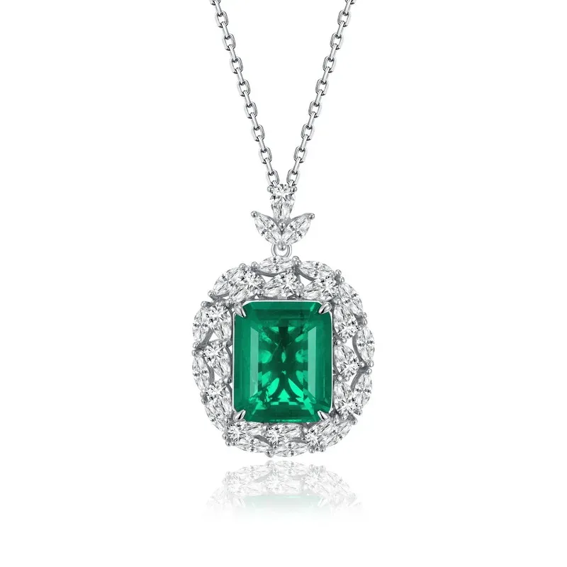JewelyKing S925 Sterling Silver Green Emerald Cut Pendant Necklace JKNS0173