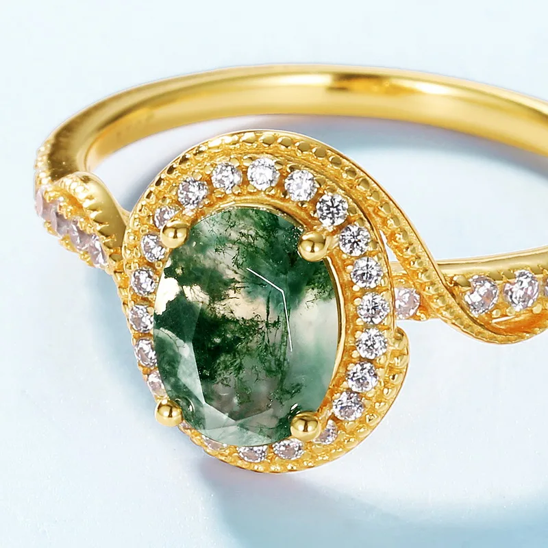 JewelyKing S925 Sterling Silver Round Cut Natural Gemstone Jewelry 18k Gold Plated Green Moss Agate CZ Engagement Ring JKRS0130