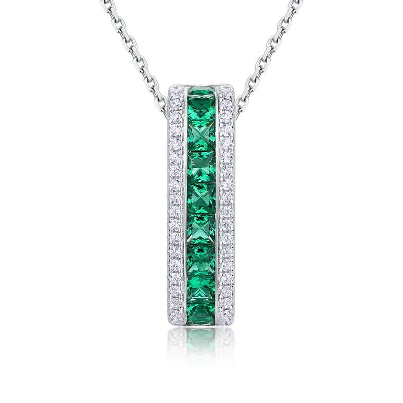 S925 Sterling Silver Princess Cut Lab Grown Emerald Vertical Bar Pendant Necklace