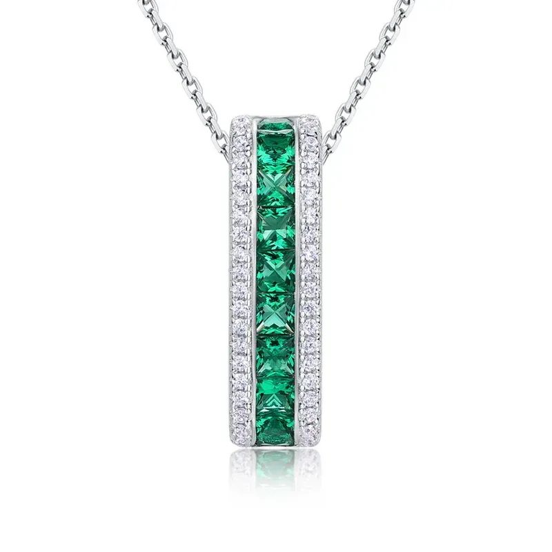 S925 Sterling Silver Princess Cut Lab Grown Emerald Vertical Bar Pendant Necklace