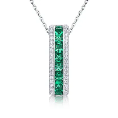 S925 Sterling Silver Princess Cut Lab Grown Emerald Vertical Bar Pendant Necklace