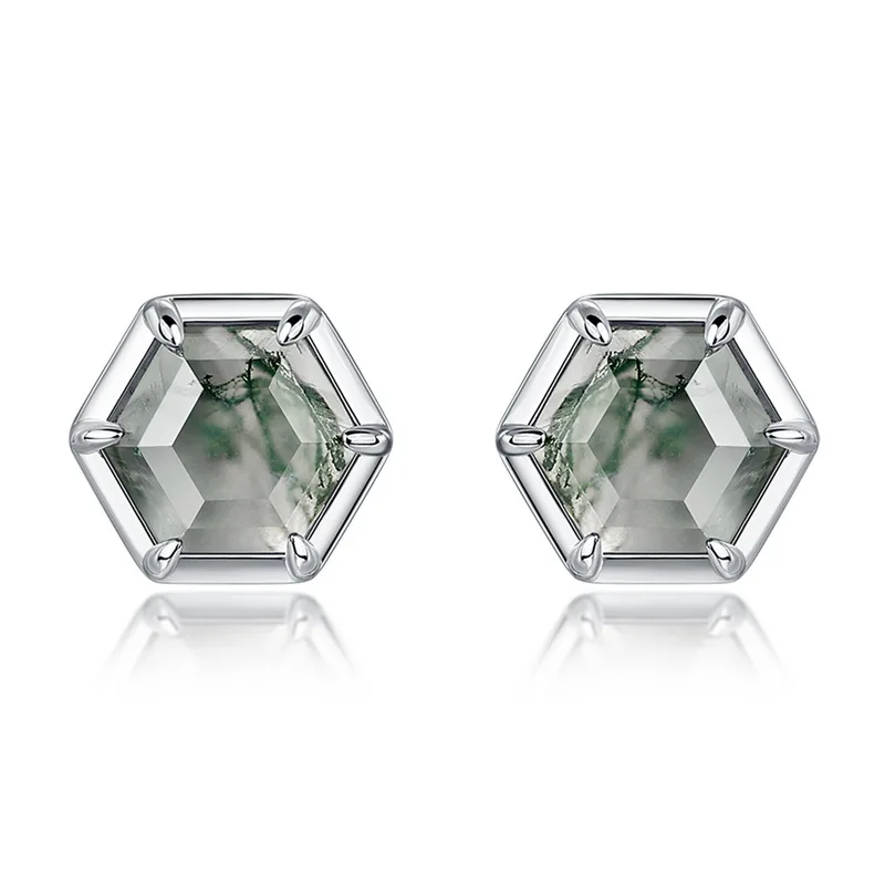 Jewelyking S925 Sterling Silver Moss Agate Earrings Unisex Hexagon Cut Stud Earrings JKES0106