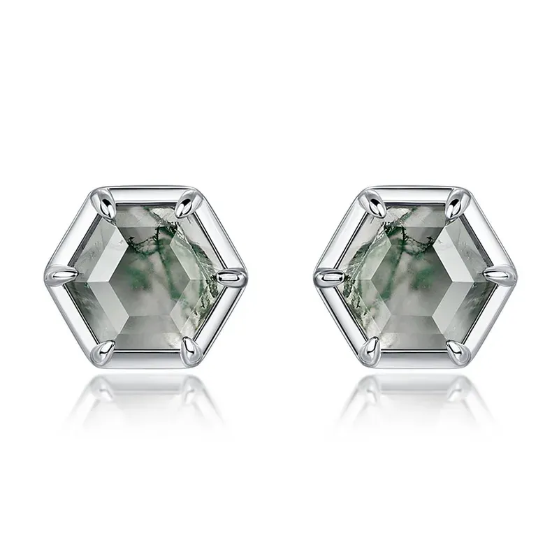 Jewelyking S925 Sterling Silver Moss Agate Earrings Unisex Hexagon Cut Stud Earrings JKES0106