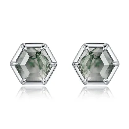 Jewelyking S925 Sterling Silver Moss Agate Earrings Unisex Hexagon Cut Stud Earrings JKES0106