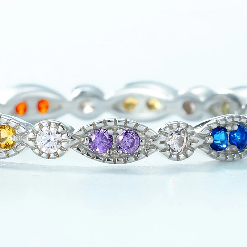 New Arrival High Quality Rainbow Colorful Jewelry White Gold 925 Silver Ring with Beautiful Color CZ Band Rings Women