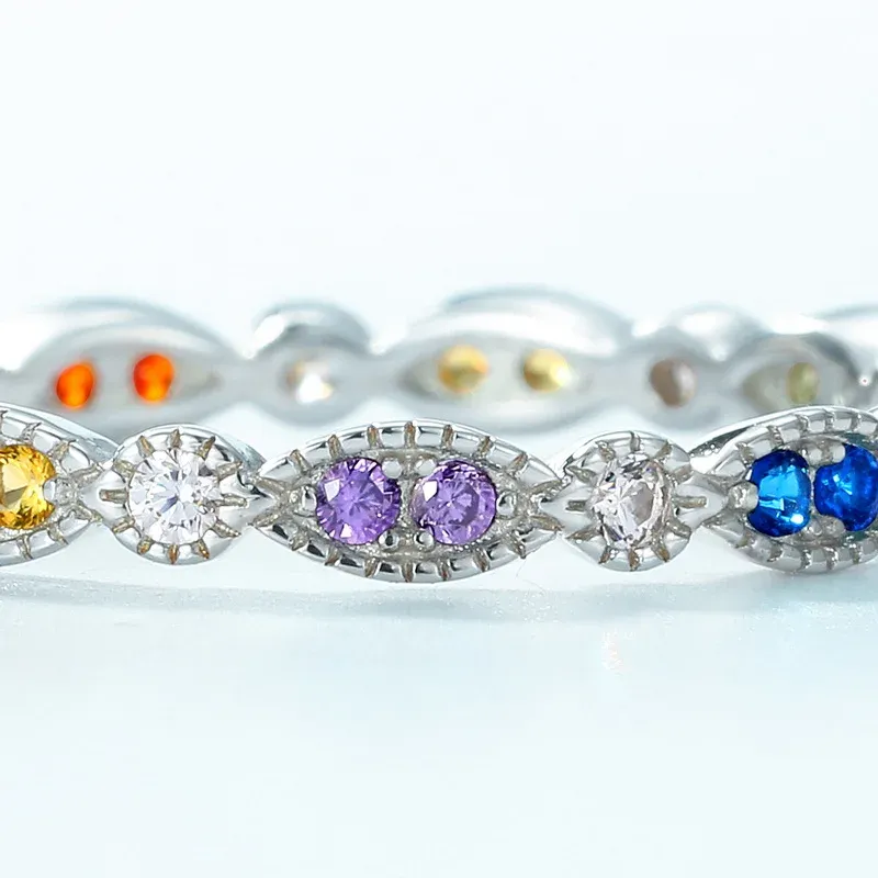 New Arrival High Quality Rainbow Colorful Jewelry White Gold 925 Silver Ring with Beautiful Color CZ Band Rings Women