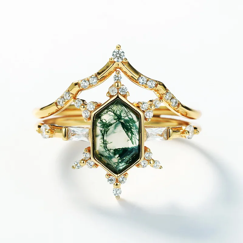 JewelyKing Natural 18K Gold Moss Agate Engagement Kite Shape Stone  Vintage Bridal Moissanite Ring JKRS0161