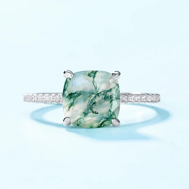 JewelyKing S925 Sterling Silver 4 Claws Natural Gemstone Moss Agate Wedding Rings JKRS0144