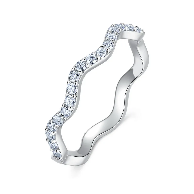 JewelyKing S925 Sterling Silver Moissanite Stackable Wavy Contour Design Pave Band Wedding Band Ring JKRS0014