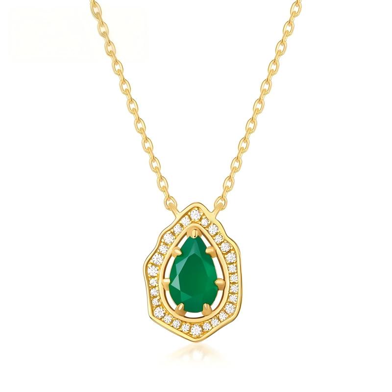 JewelyKing 14K Gold Plated Halo Pear Charm Green Agate Pendant Necklace