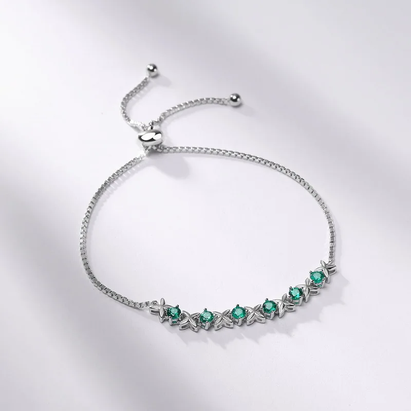 Wholesale Adjustable 925 Sterling Silver Emerald Chain Vivid Lab Grown Emerald Bracelet Flower Bracelet for Women