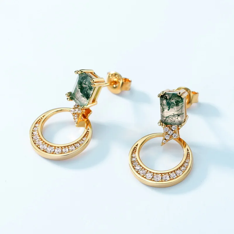 Jewelyking S925 Sterling Silver Gold Plated Natural Green Moss Agate Stud Earrings JKES0067