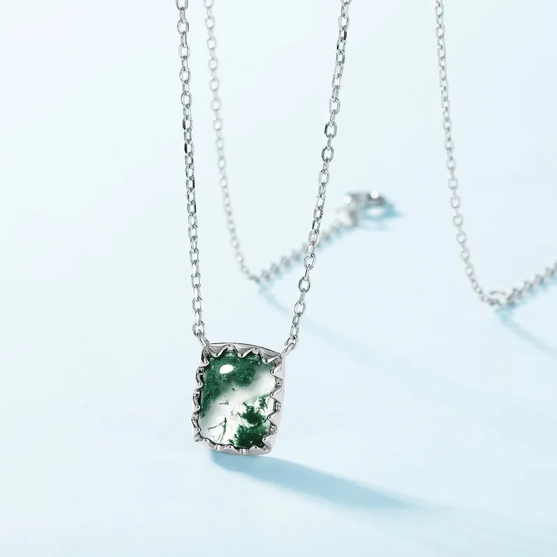 Jewelyking S925 Sterling Silver vintage Design Moss Agate Big Pendant Necklace JKNS0111