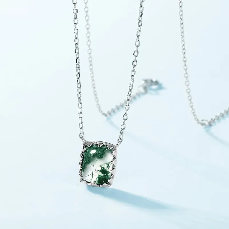 Jewelyking S925 Sterling Silver vintage Design Moss Agate Big Pendant Necklace JKNS0111