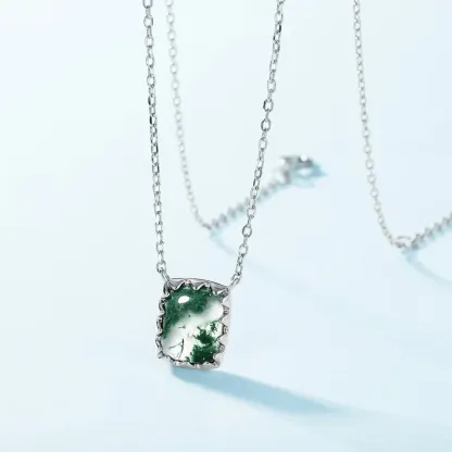 Jewelyking S925 Sterling Silver vintage Design Moss Agate Big Pendant Necklace JKNS0111