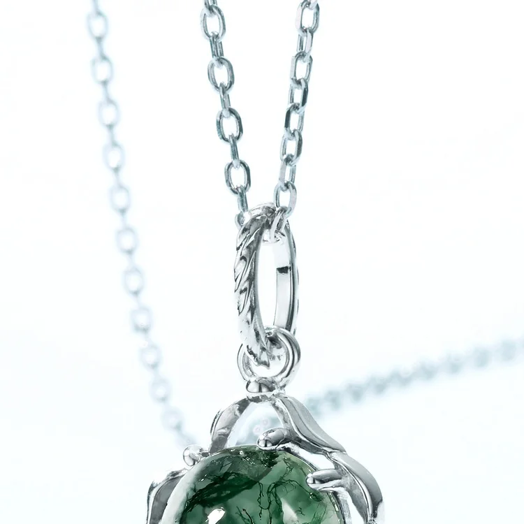 Jewelyking S925 Sterling Silver Green Moss Agate Round Shape Gemstone Cute Pendant Necklace JKNS0102