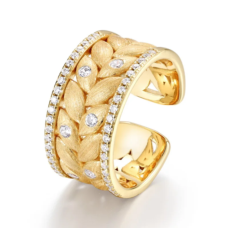 Jewelyking S925 Sterling Silver Brushed Sandblasted Open Gold Plated Leaf Texture Jewelry JKRS0116