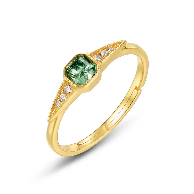 JewelyKing S925 Sterling Silver Square Cut Natural Gemstone 18k Gold Plated Green Moss Agate Zirconia Engagement Ring JKRS0128