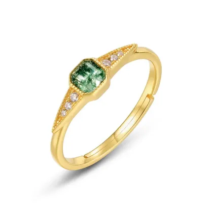 JewelyKing S925 Sterling Silver Square Cut Natural Gemstone 18k Gold Plated Green Moss Agate Zirconia Engagement Ring JKRS0128