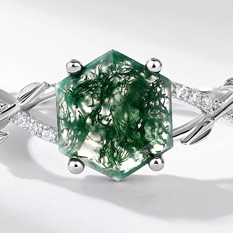 JewelyKing S925 Sterling Silver Green Moss Agate Hexagon Cut Natural Gemstone Vine Leaf CZ Accent Adjustable Solitaire Ring JKRS0155