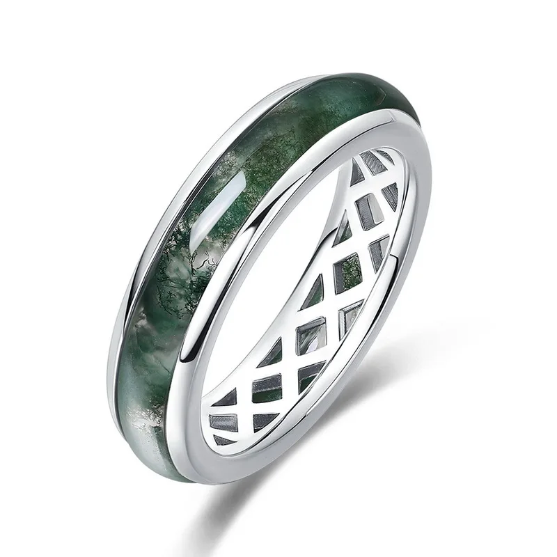 JewelyKing S925 Sterling Silver Green Moss Agate Wide Band Geometric Grid Hollow Design Natural Gemstone Ring JKRS0007
