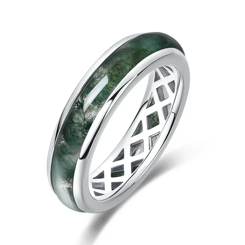 JewelyKing S925 Sterling Silver Green Moss Agate Wide Band Geometric Grid Hollow Design Natural Gemstone Ring JKRS0007