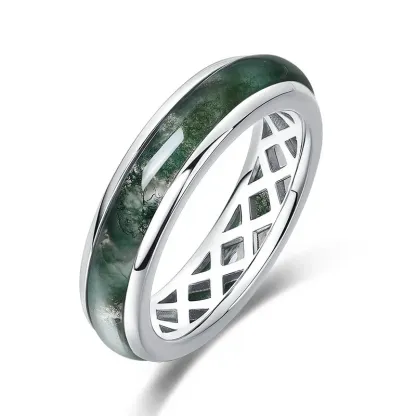 JewelyKing S925 Sterling Silver Green Moss Agate Wide Band Geometric Grid Hollow Design Natural Gemstone Ring JKRS0007