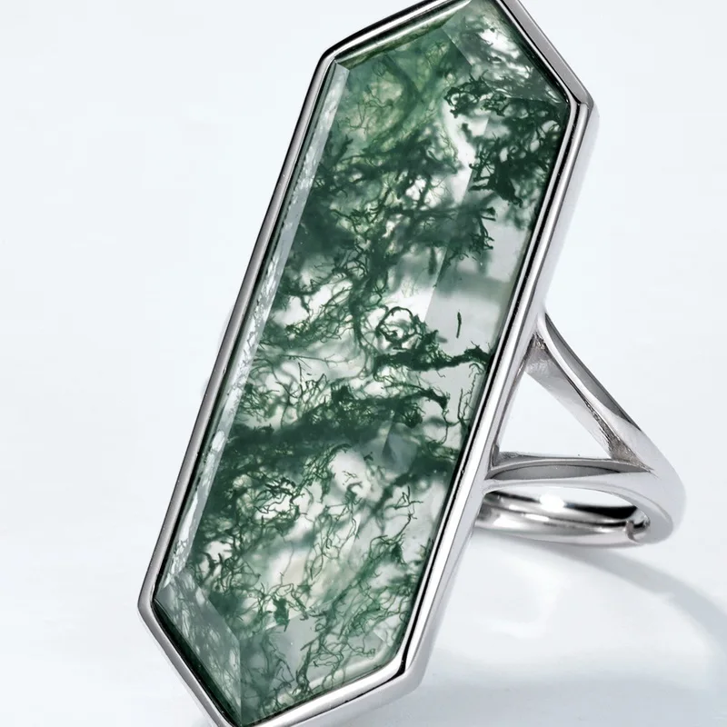 JewelyKing S925 Sterling Silver Elongated Hexagon Green Moss Agate Open Ring JKRS0017