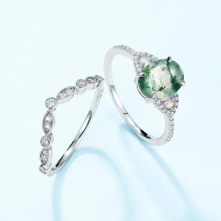 JewelyKing S925 Sterling Silver Green Moss Agate New Wedding Ring JKRS0208