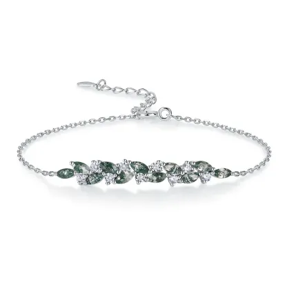 Jewelyking S925 Sterling Silver Nature Leaf Adjustable Oval Moss Agate Bracelet JKBS0040