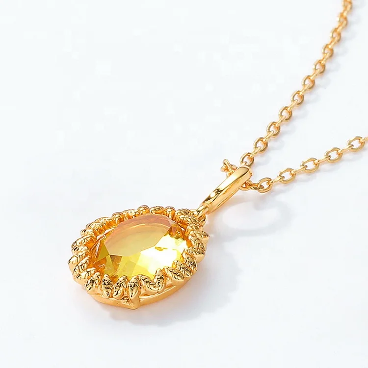 JewelyKing S925 Sterling Silver Inlaid Oval Synthetic Citrine Pendant Luxury Female Pendant Necklace JKNS0188