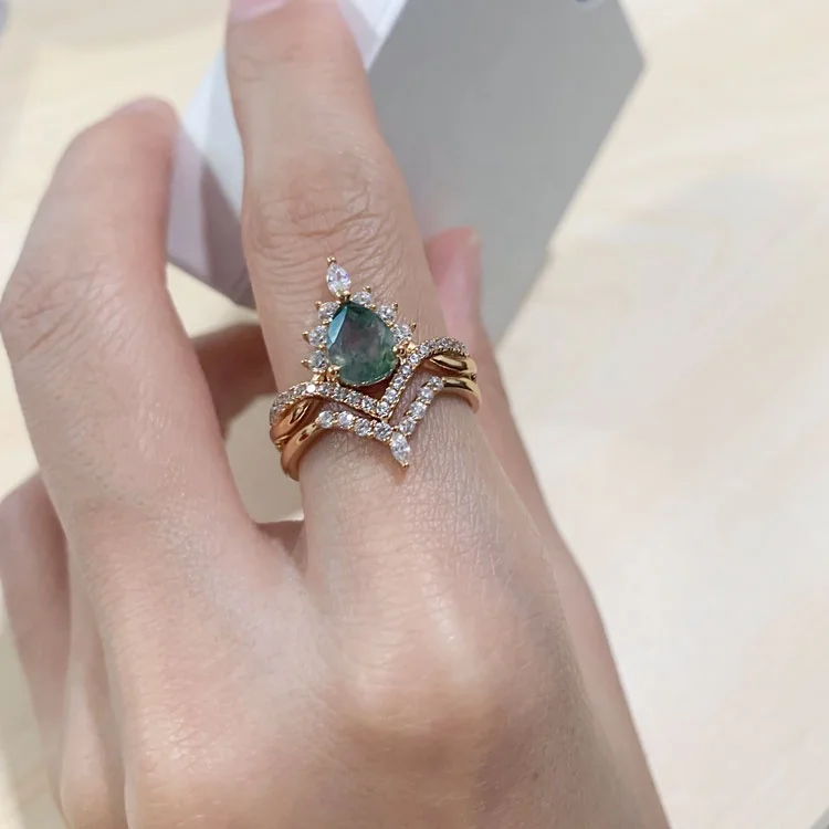 JewelyKing S925 Sterling Silver Luxurious Gold Filled Jewelry Twist Elegant Pear Shaped Natural Moss Agate Gemstone Ring JKRS0240