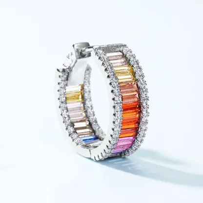 Tennis Jewelry 925 Sterling Silver Color CZ Stone Rainbow Hoop Huggie Earrings Baguette Cubic Zirconia Hoop Earrings
