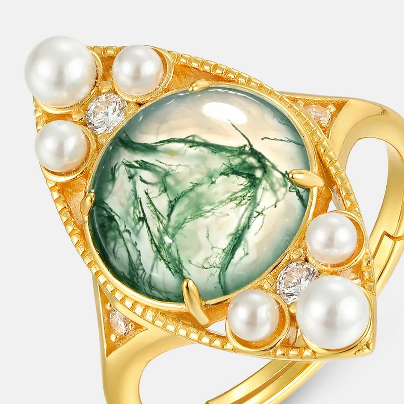 JewelyKing S925 Sterling Silver Vintage Natural Green Moss Agate Pearl Fancy Gold Ring JKRS0191