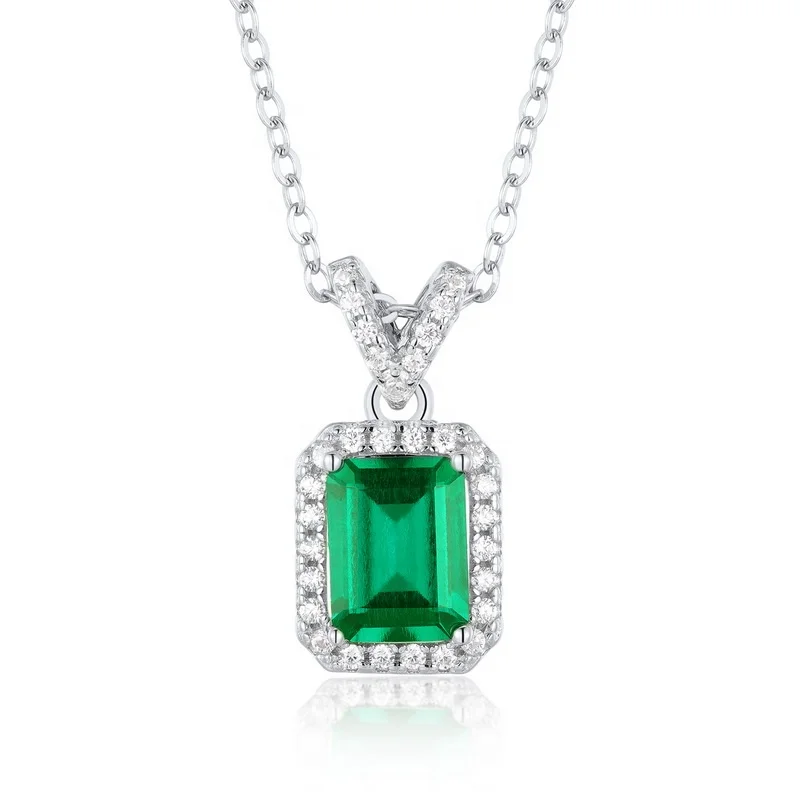 Classic Sterling Silver Rectangle Green Gemstone Pendant Cubic Zirconia Iced Out Square Lab Grown Emeralds Pendant Necklace