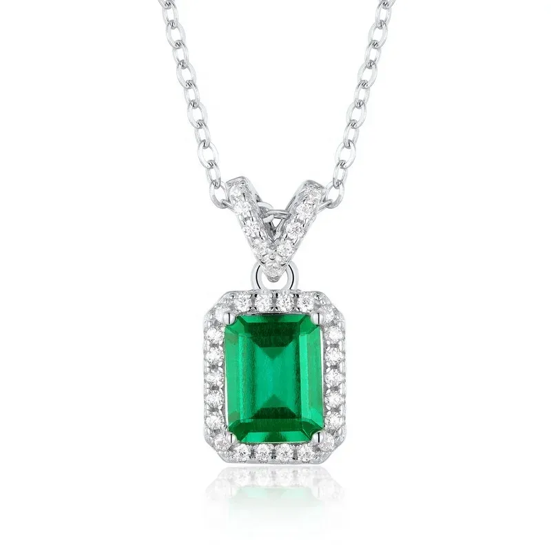Classic Sterling Silver Rectangle Green Gemstone Pendant Cubic Zirconia Iced Out Square Lab Grown Emeralds Pendant Necklace