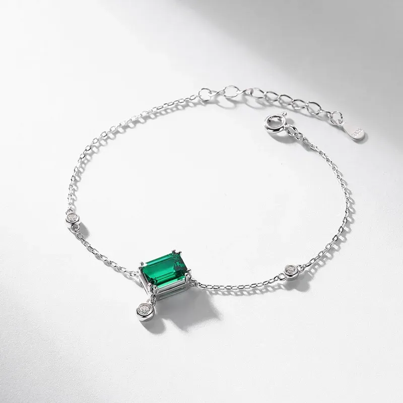S925 Sterling Silver Emerald Cut Lab Grown Emerald Bracelet for Women