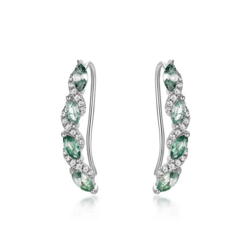 Jewelyking S925 Sterling Silver Zircon Classic  Natural Green Agate Moss Earrings JKES0090
